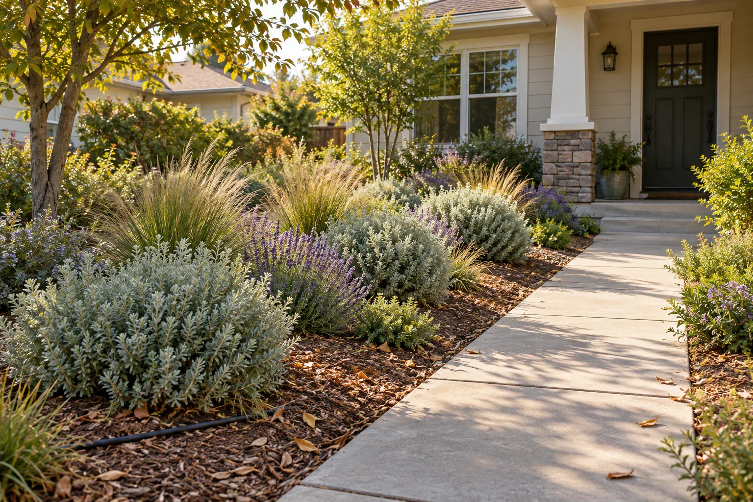 Repeated silver-green shrubs and grasses in a mulched bed beside a clear walkway, with a drip line along the soil