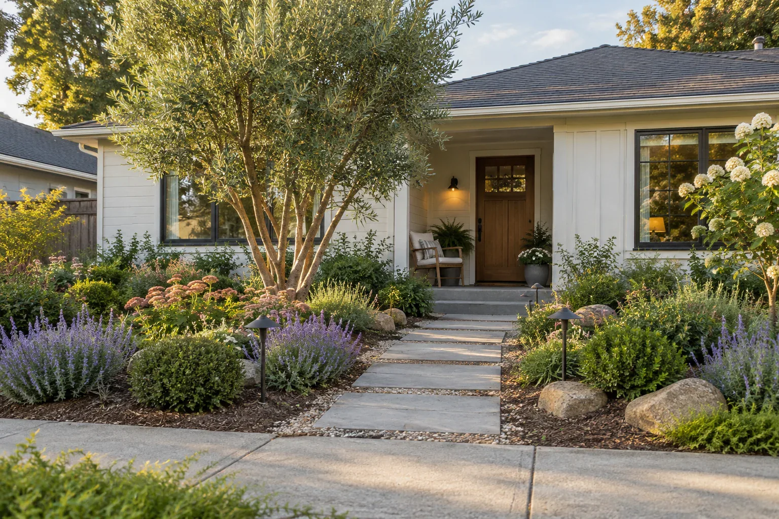 Inviting front yard with a layered entry bed, clear walkway, and small seating moment near the porch