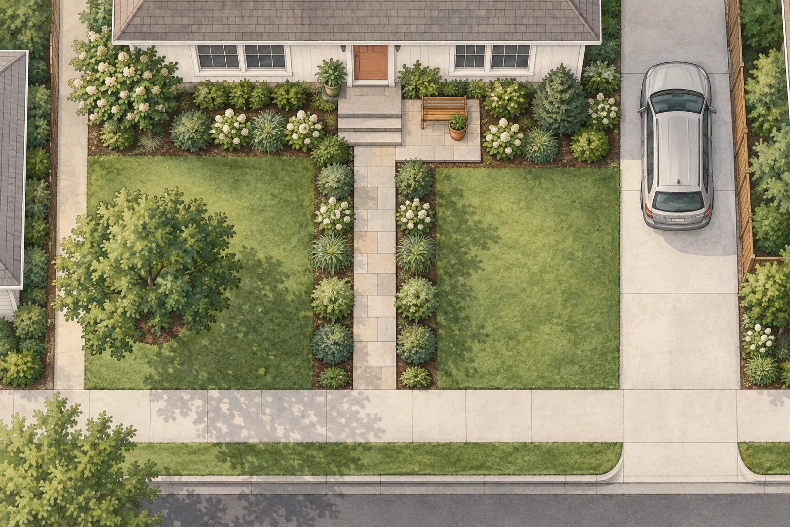 Illustrated front yard hierarchy showing height, a clear arrival route, and a small destination near the entry