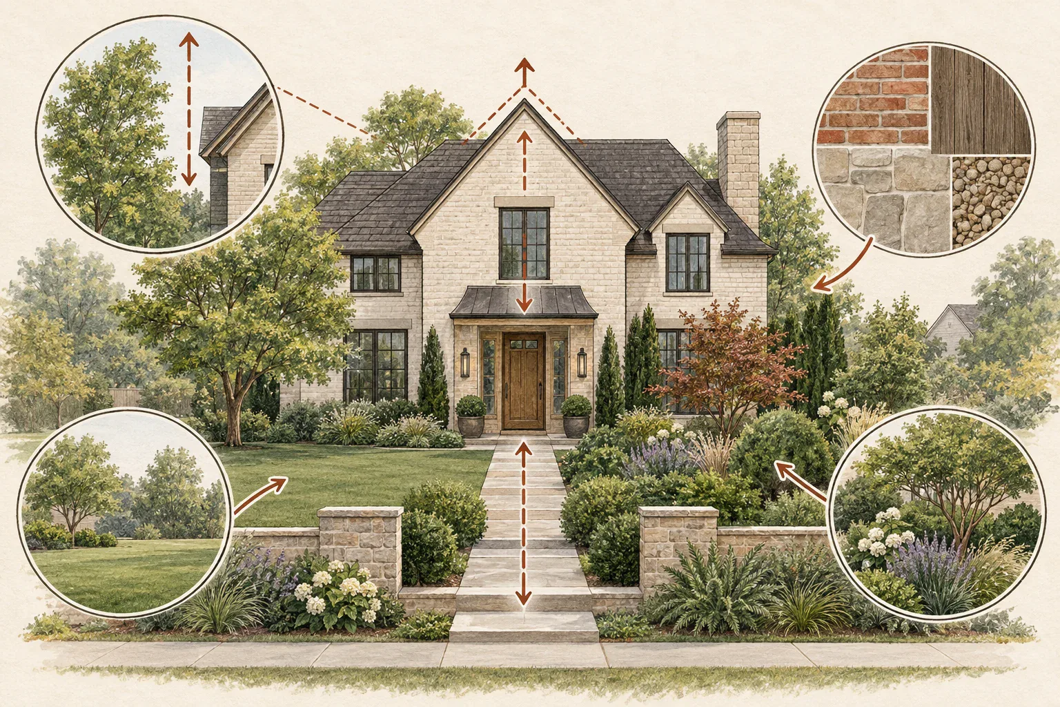 Illustrated house-style rules showing how lines, materials, scale, and planting rhythm can connect house and yard