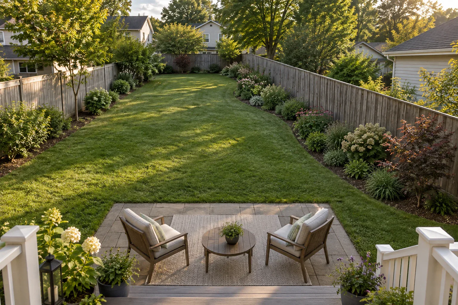 A modest backyard with a small seating patio, open lawn and deeper planting along one fence