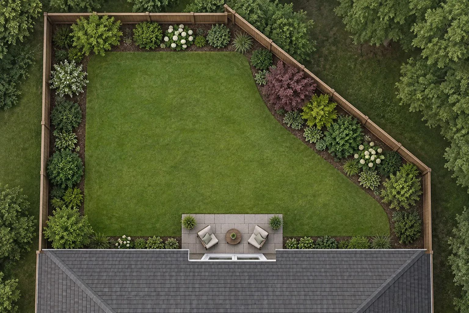 Overhead garden illustration with a diagonal fence, deeper planting at the angle and a rectangular patio aligned with the house