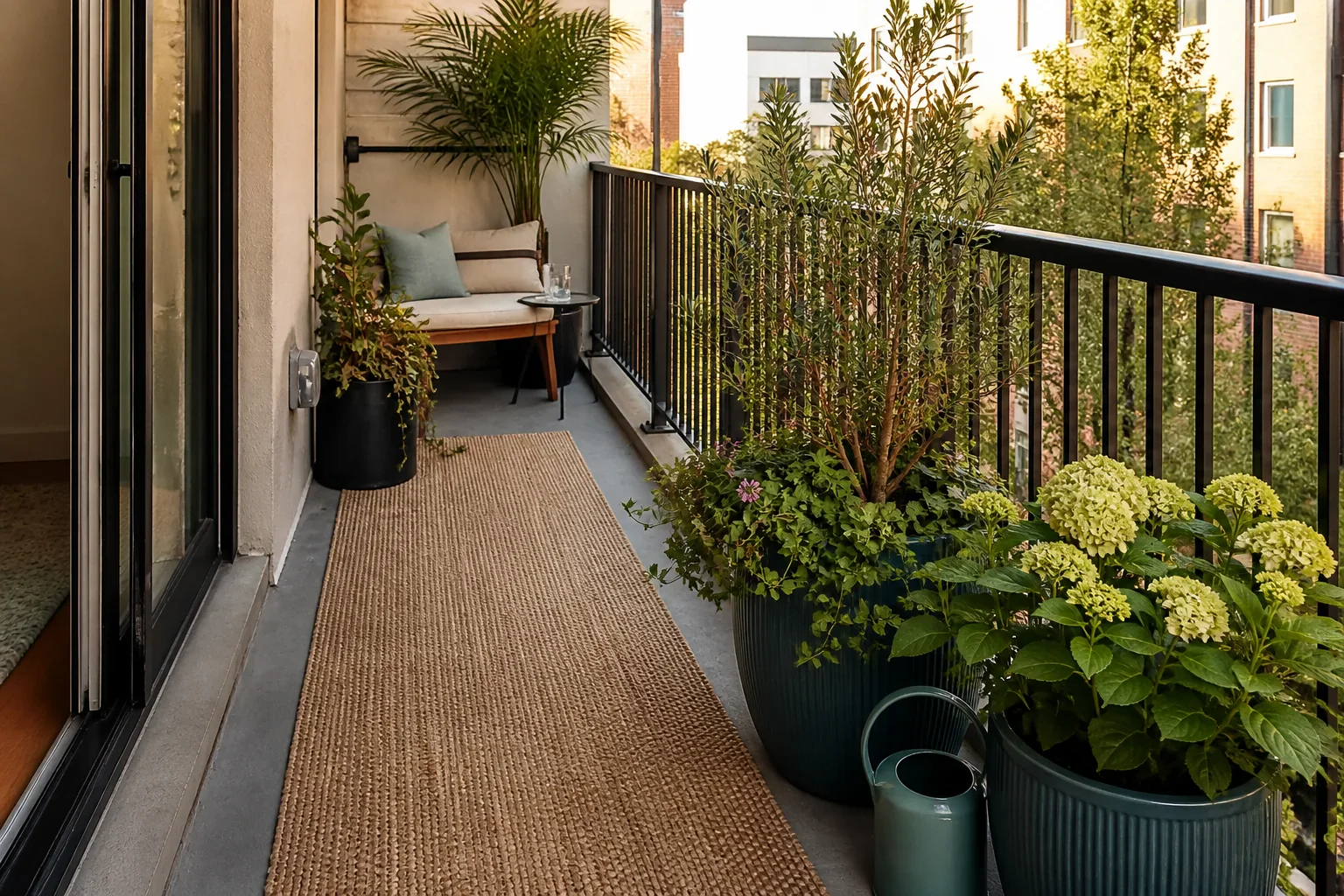 Long narrow balcony with an open route from the door, a seat at the far end, and coordinated containers grouped along one edge