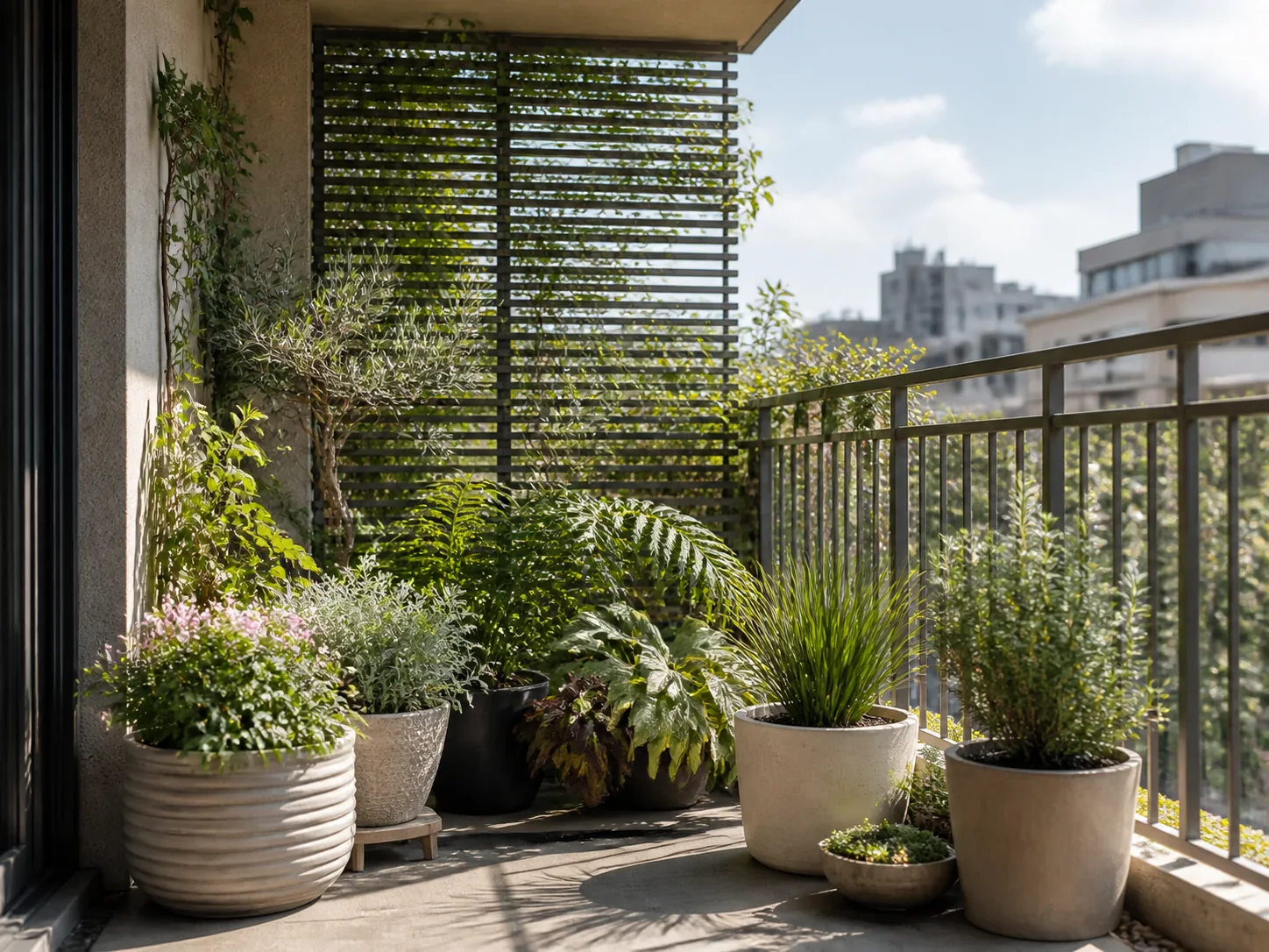 Balcony containers arranged with a filtered slatted screen, stable pots set inward from the railing, a sunny edge, and a clear surface around the plants