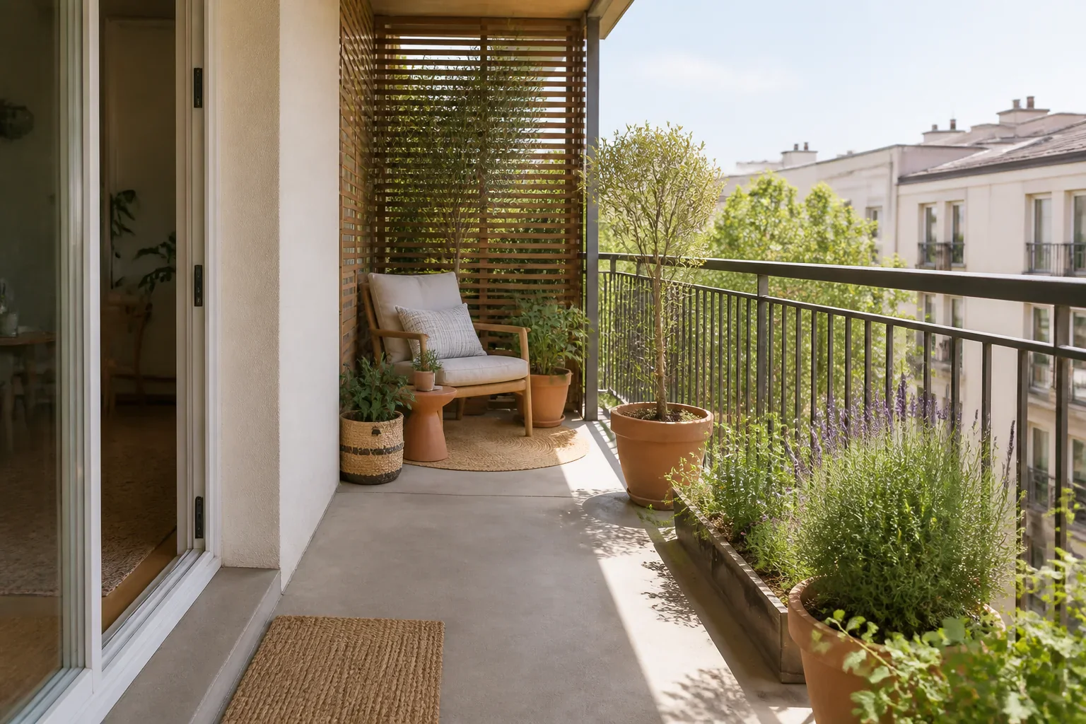 A narrow balcony with an open doorway and route, a sunny railing edge with containers, and a sheltered corner with a chair and filtered screen