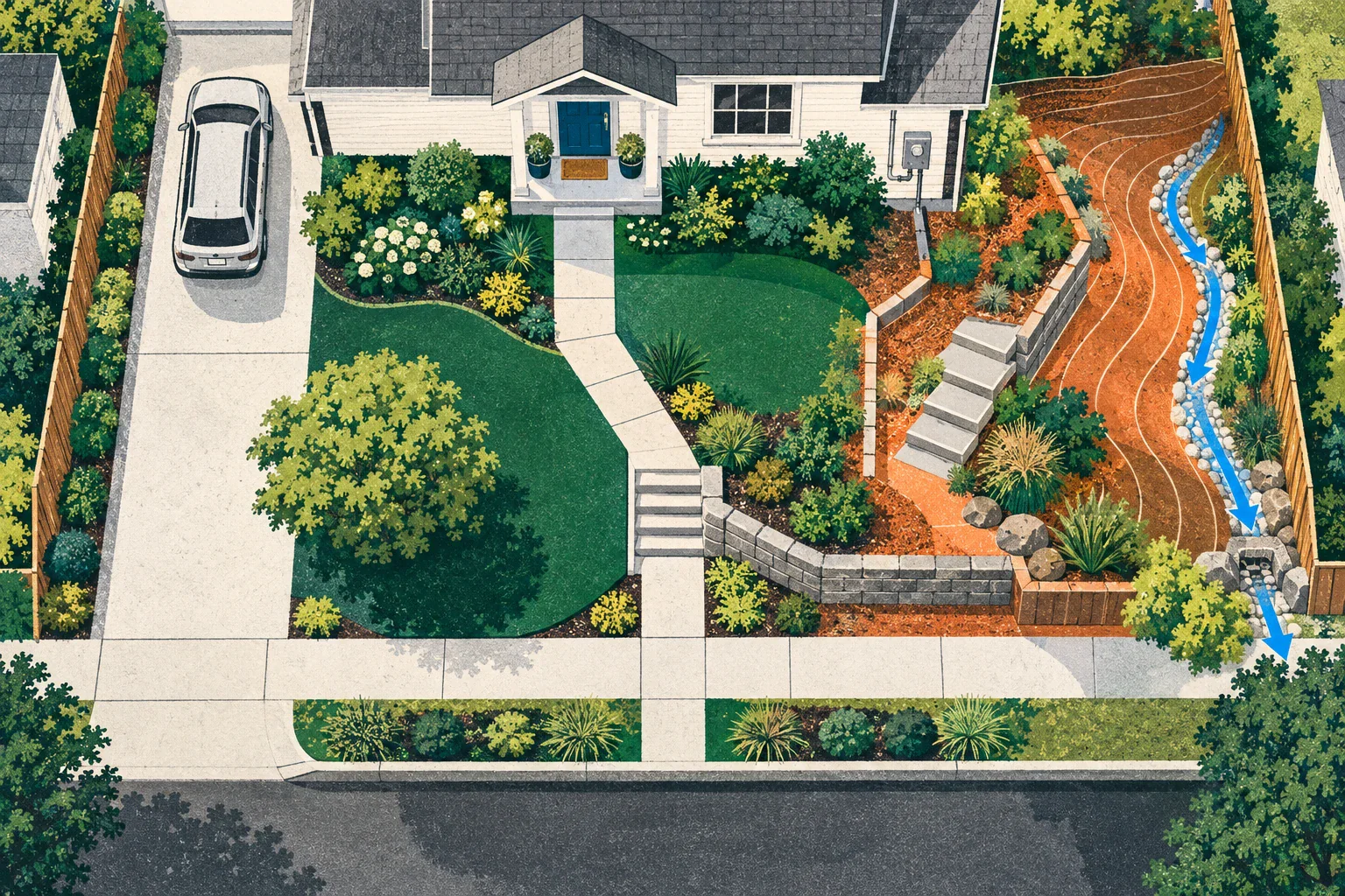 Editorial screen-print top-down yard plan showing a planting area near the path and a separate sloped area with drainage, steps, retaining, and utility features