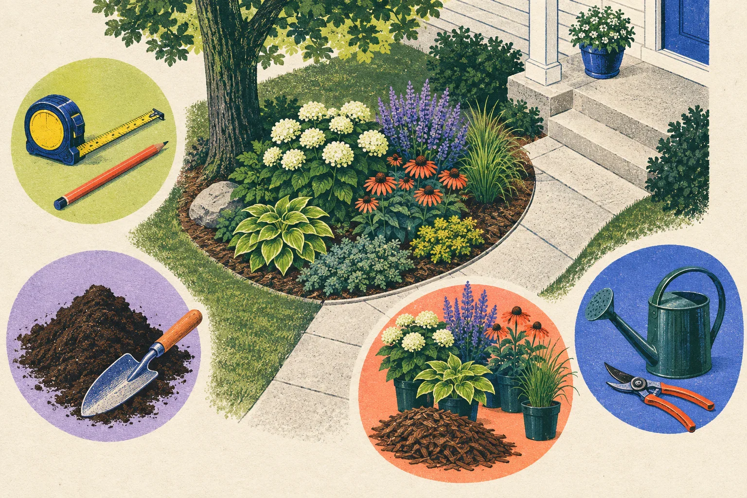 Editorial screen-print showing a finished entry planting bed, measuring tools, soil preparation, grouped plants, mulch, and first-season care tools