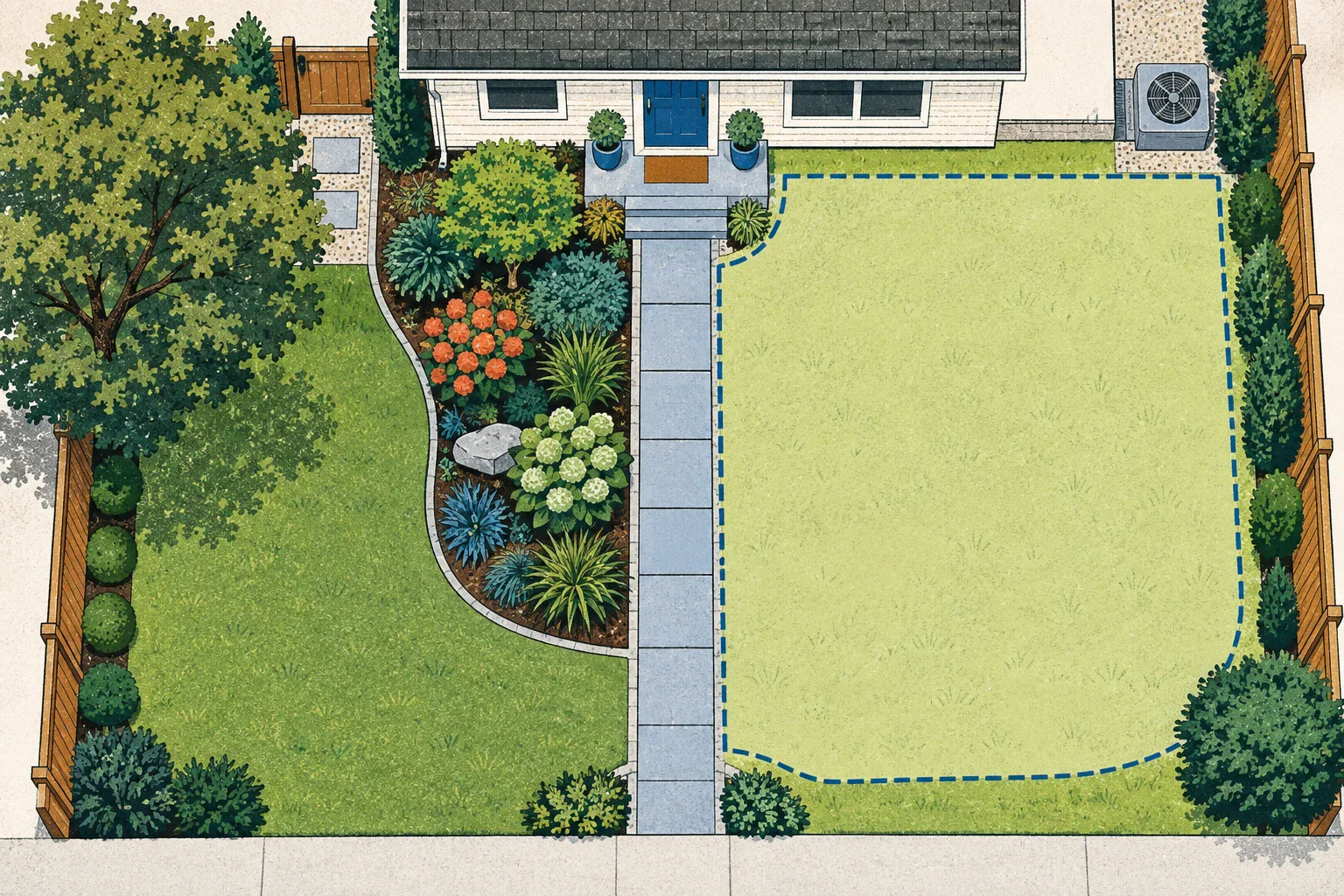 Editorial screen-print top-down yard plan with a planted entry bed connected to the walkway and a larger open lawn zone reserved for later