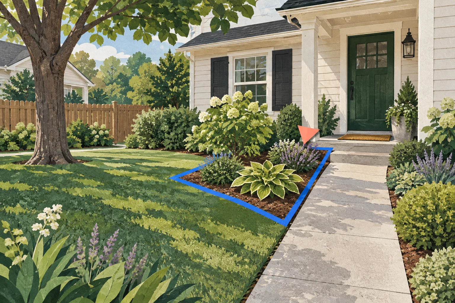 Editorial screen-print yard view with one entry bed outlined beside a walkway while the house, tree, fence, and lawn remain visible
