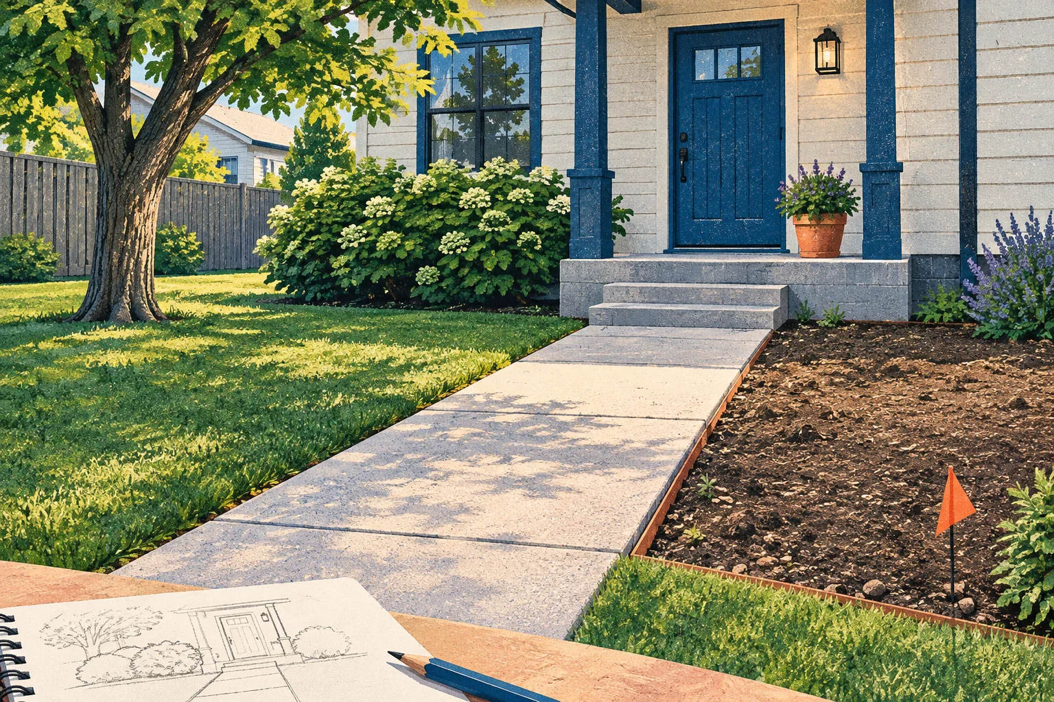 Editorial screen-print yard scene showing a bare entry bed beside an intact walkway, steps, mature tree, and shrub