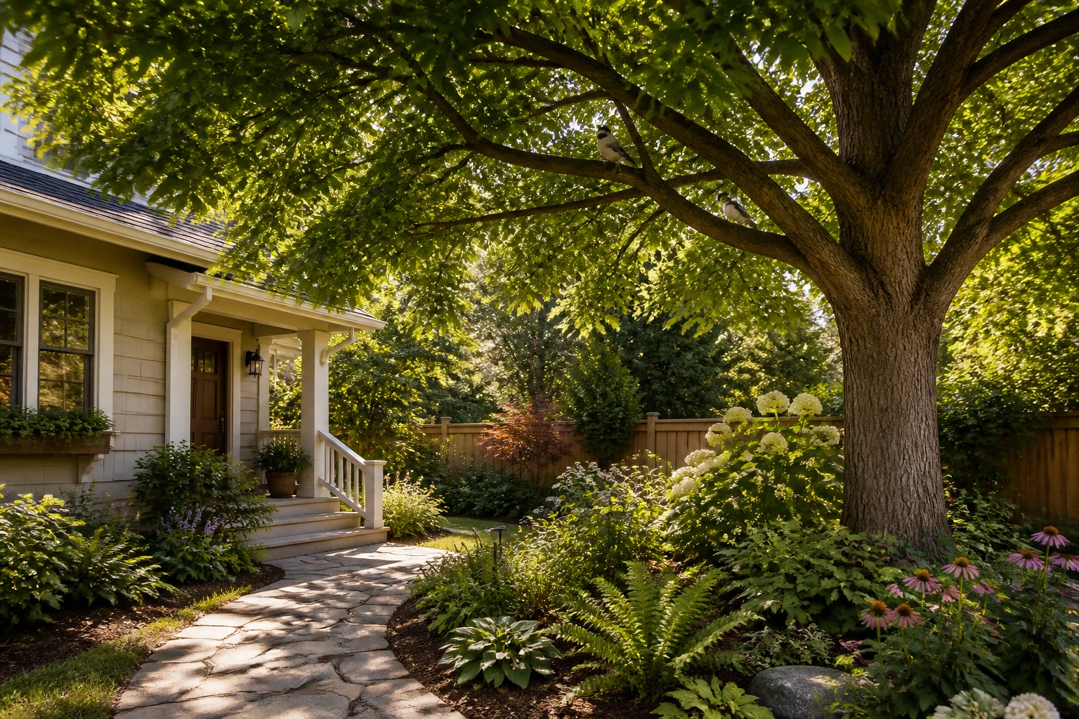 Mature canopy tree sheltering a layered bird-friendly garden beside a clear path
