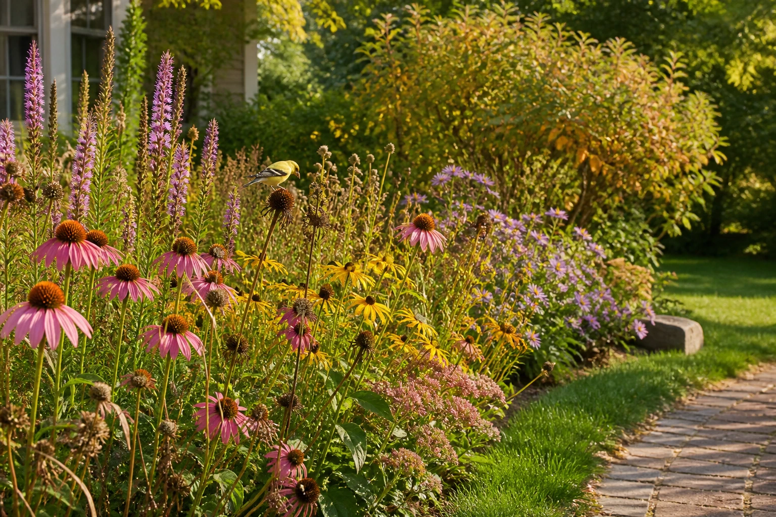 Flowering and seed-producing plants with a songbird foraging among the stems