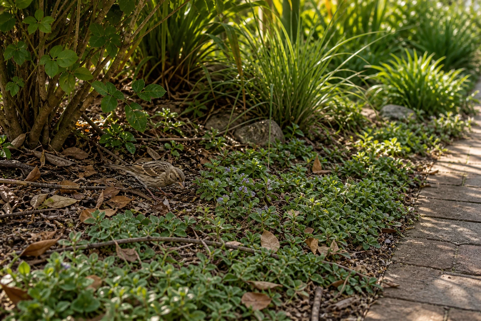 Low groundcover, leaf litter, and a small songbird beneath taller garden planting