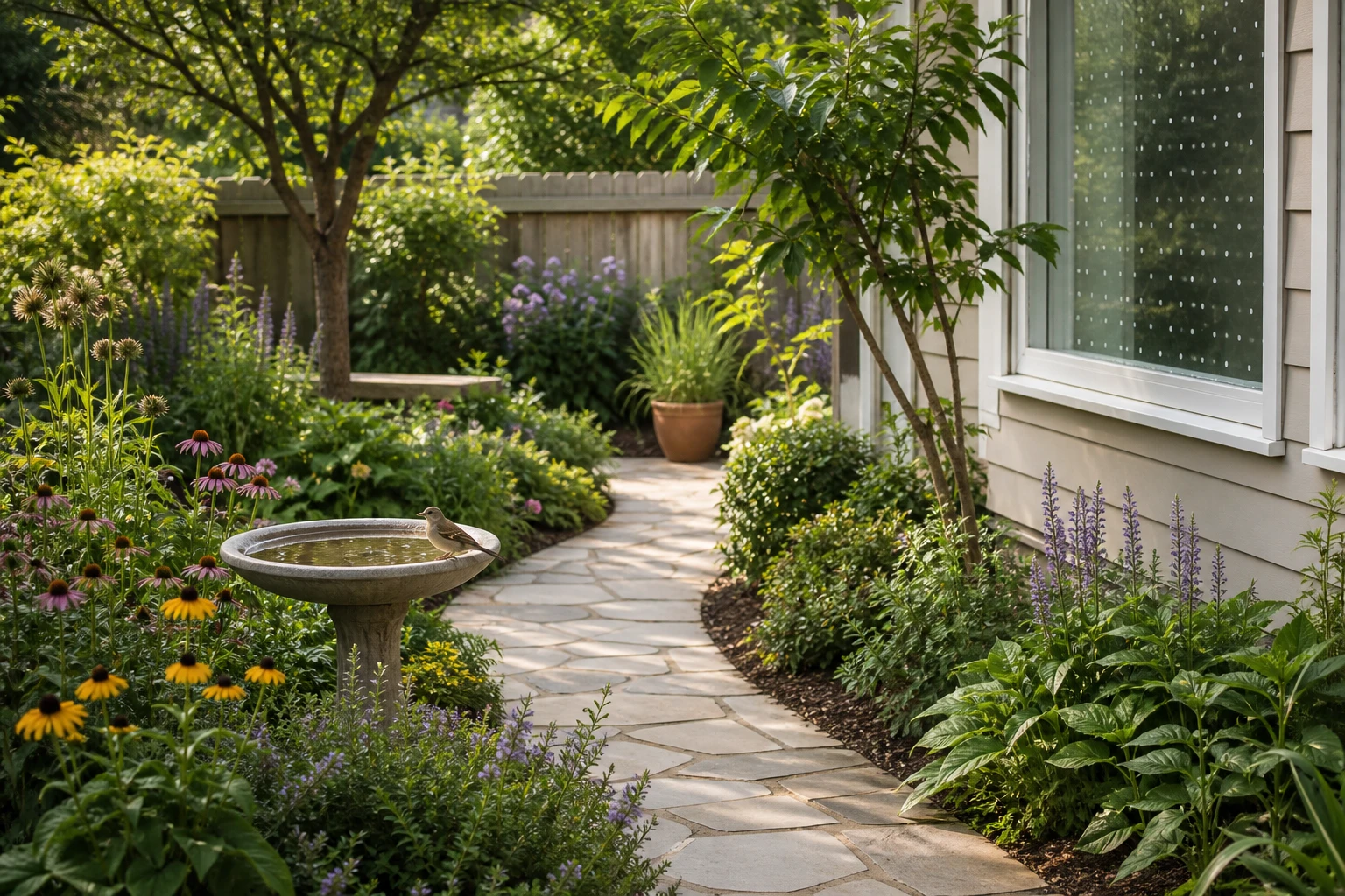 Bird-friendly garden with a clear path, clean birdbath, layered planting, and a window treated with an exterior dot pattern