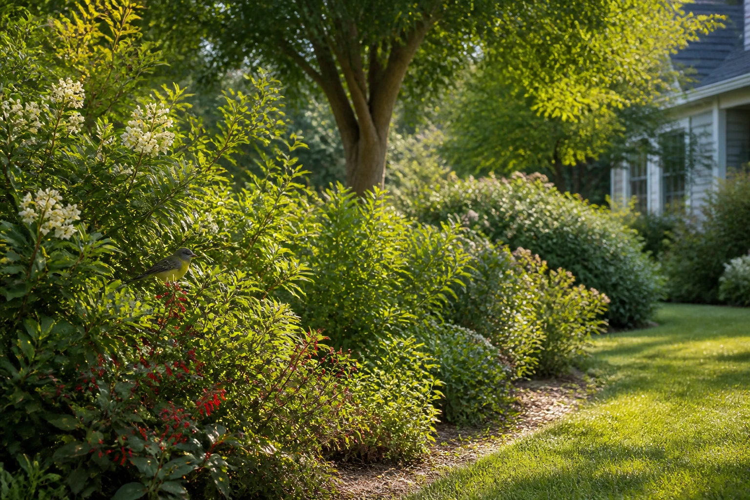 Connected shrub layer providing sheltered cover along a residential garden edge
