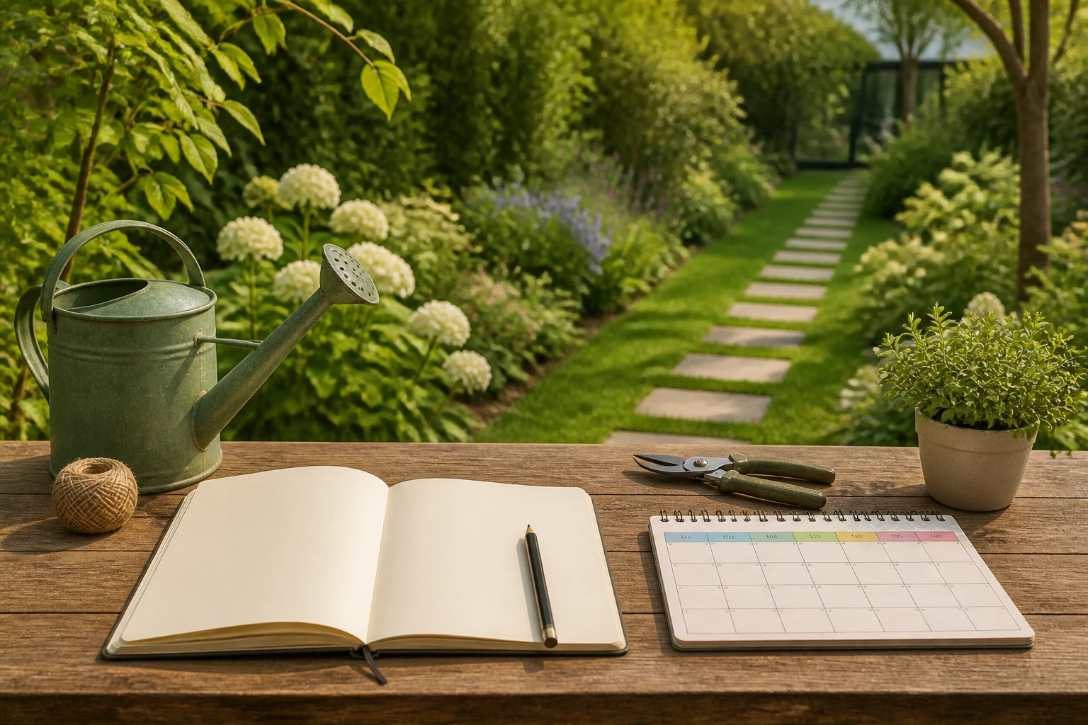 Blank garden brief notebook beside a path, watering can, pruning shears, and seasonal calendar