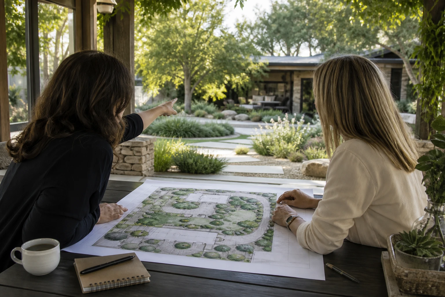 Landscape designer and homeowner reviewing a site plan beside a residential garden