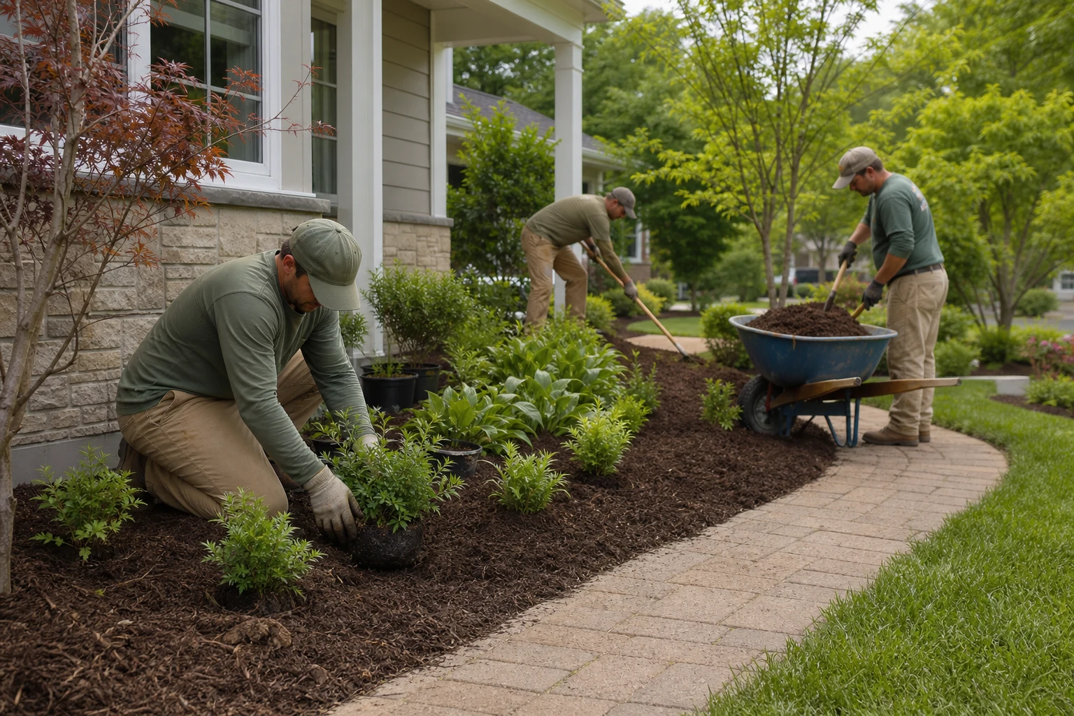 Small landscaping crew placing plants and mulch in a prepared residential bed