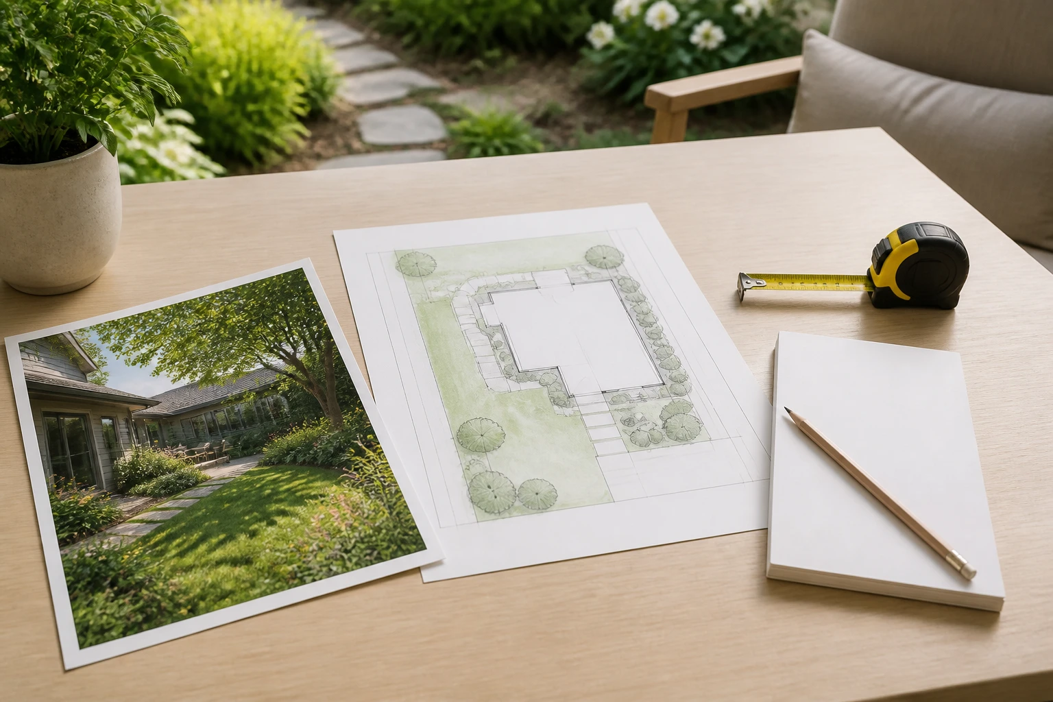 Planting direction shown as a yard photo beside a simple planting sketch and plant references