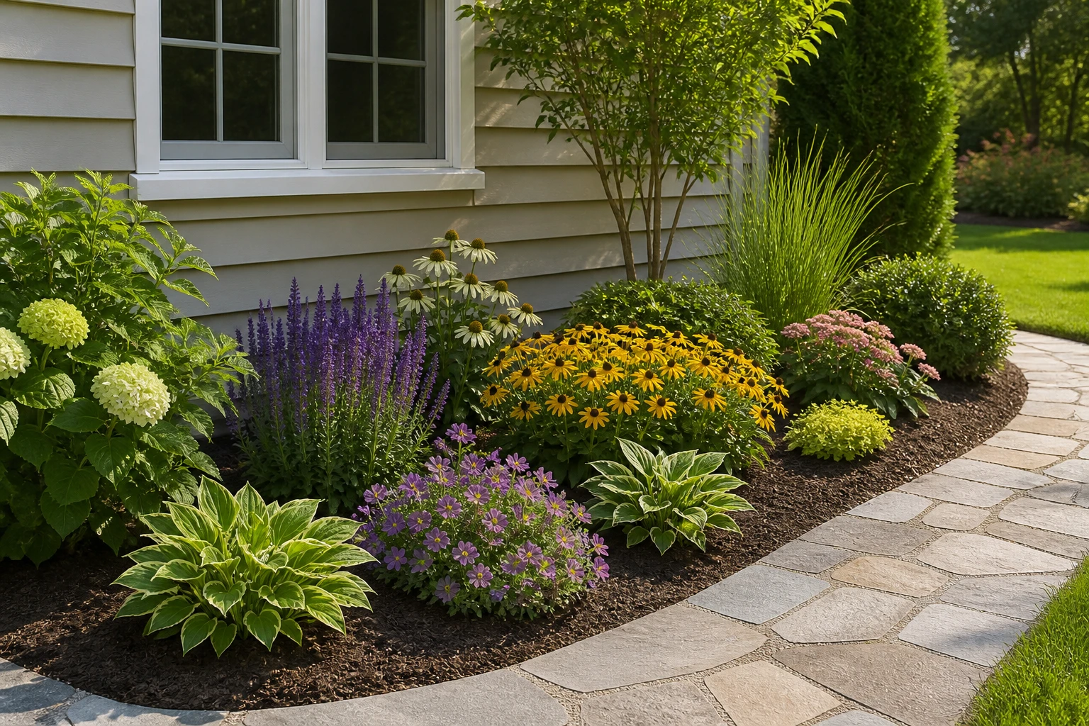 Bounded residential planting bed beside a path with repeated groups and clear access