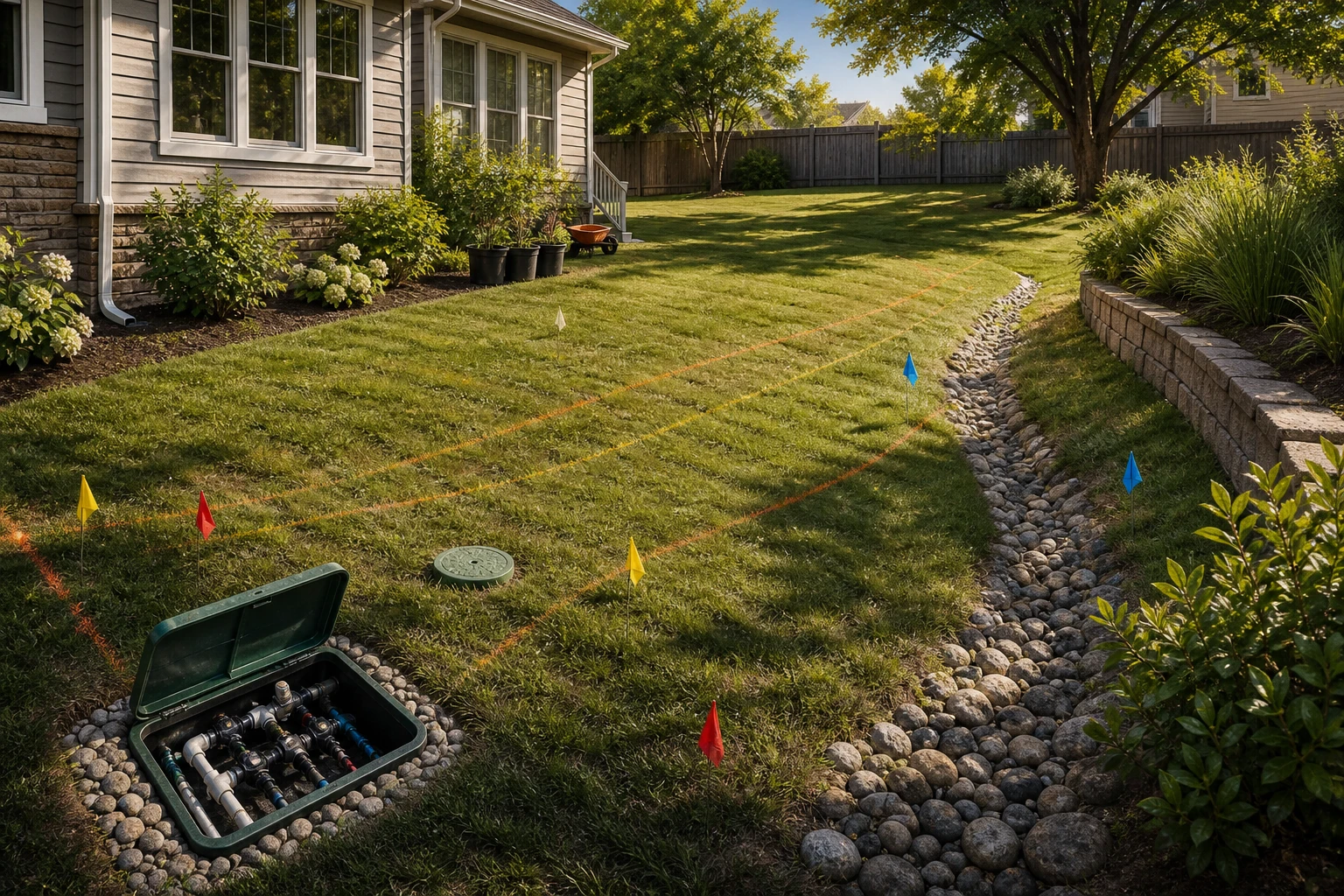Residential yard with utility flags, irrigation access, a drainage swale, and a retaining edge kept separate from planting