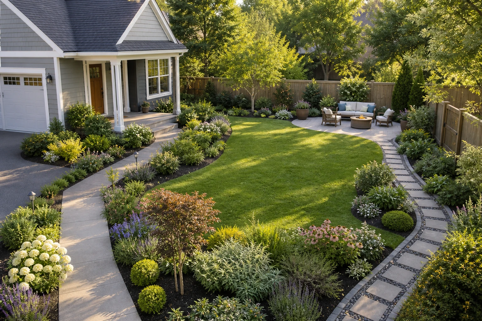 Whole-yard concept with connected routes, planting zones, open lawn, and a patio