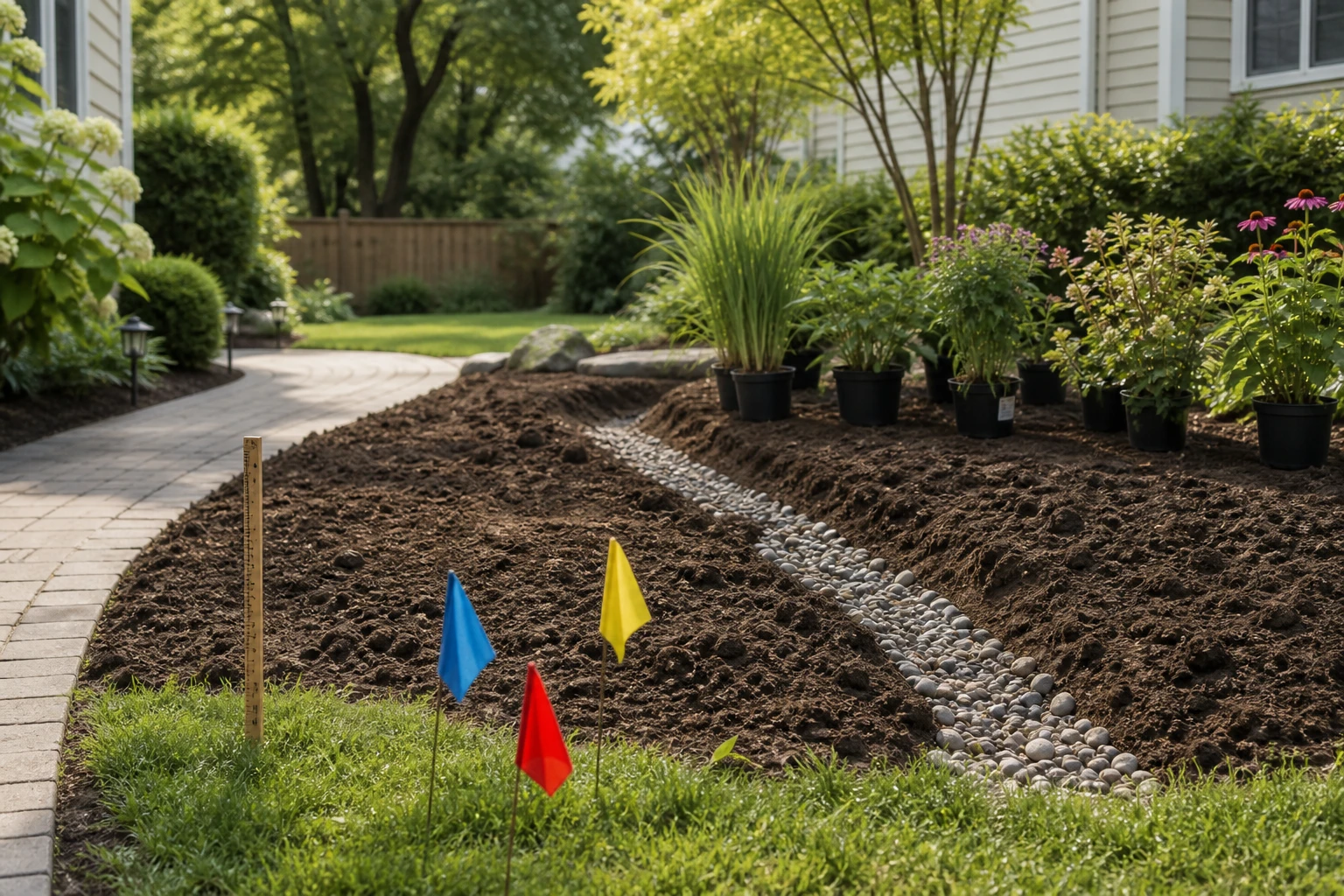 Residential planting bed sequenced from utility flags and a measuring stake through a drainage route to staged plants
