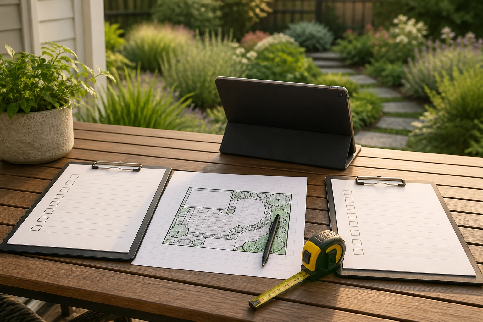 Site packet with a yard plan, blank checklist, and measuring tape