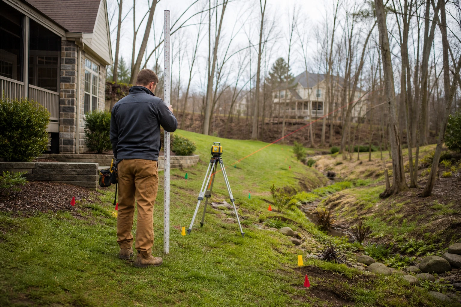 Site specialist checking grade and drainage with a survey rod, level, and utility flags