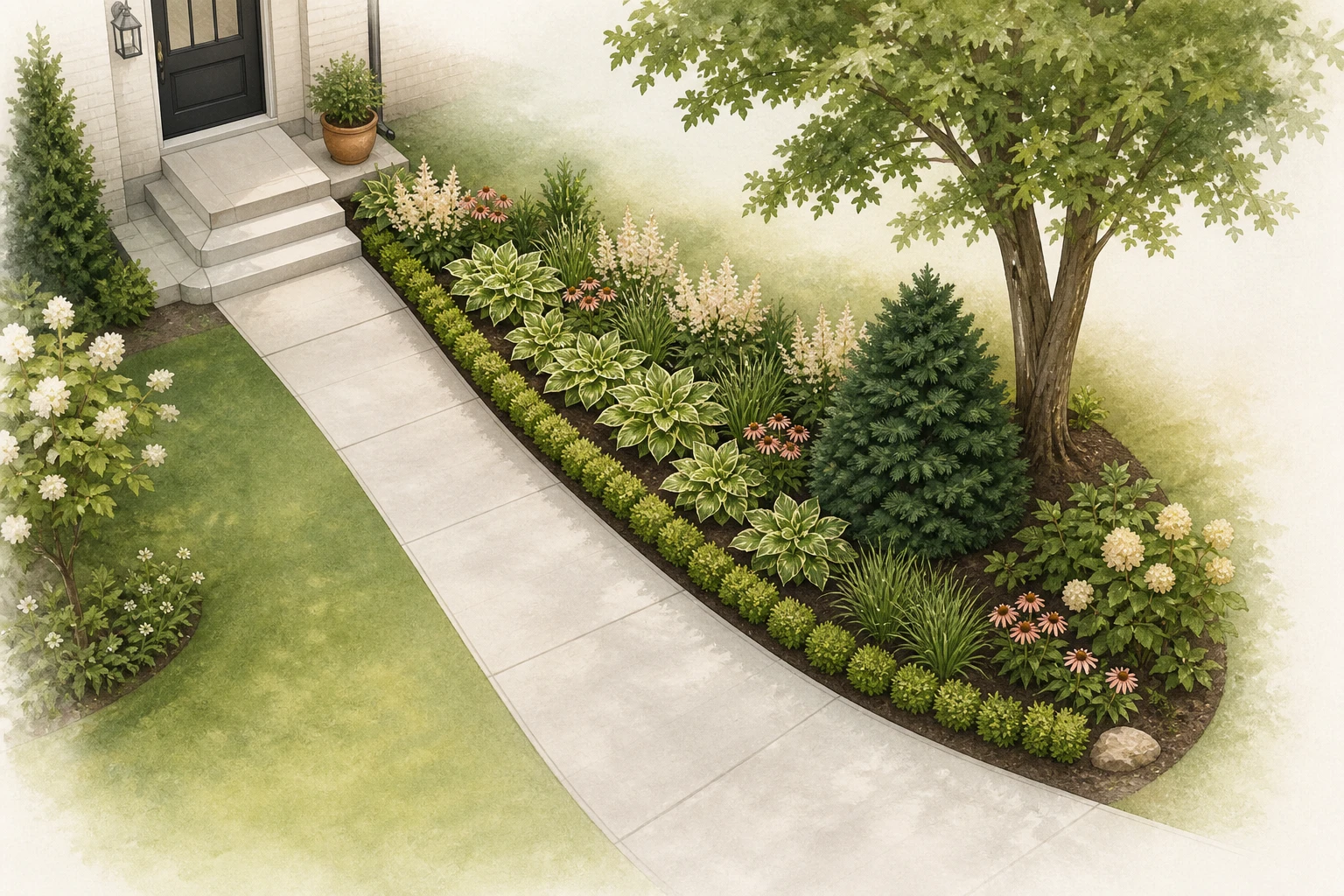 Bird's-eye editorial illustration of a planted entry bed beside an open walkway, narrowing at the steps and widening near an existing tree