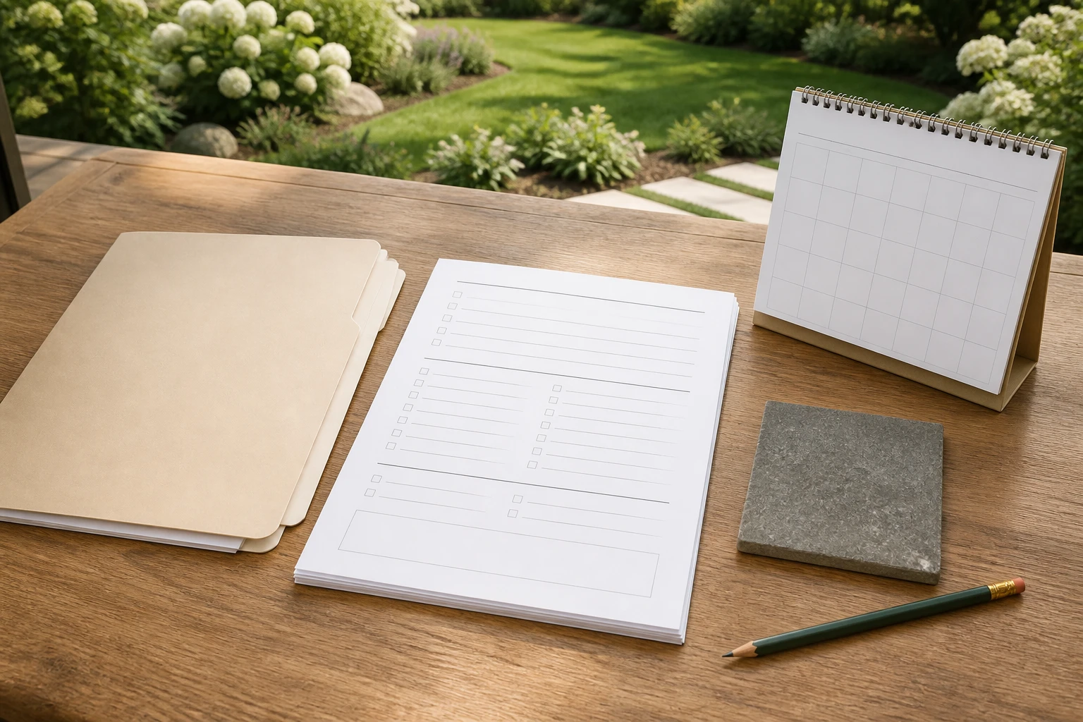 Written installation scope represented by a folder, blank scope pages, a calendar, and a material sample