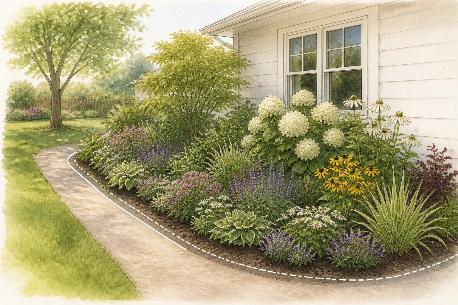 Flower bed with a subtle outlined change boundary beside the path and window