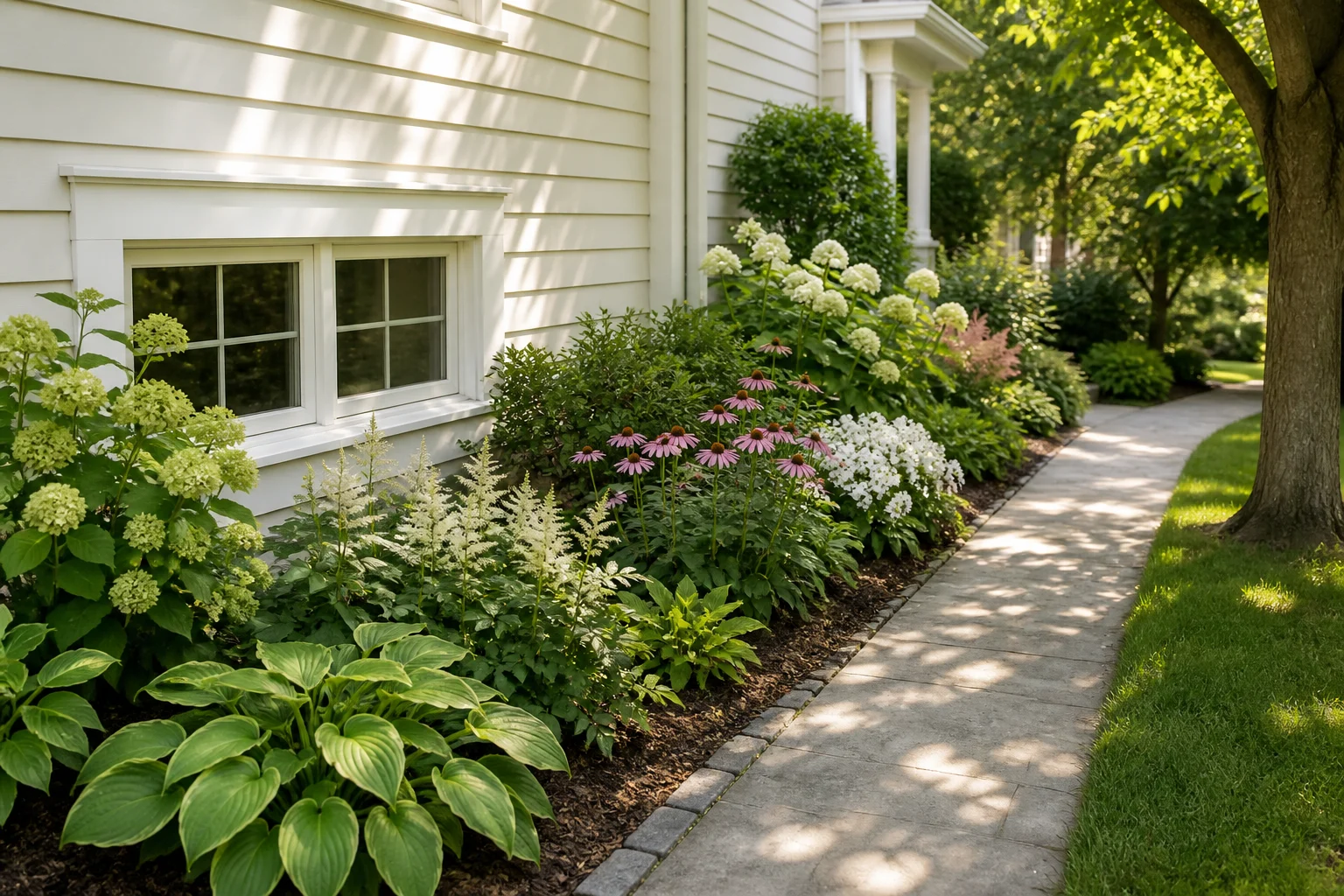 Sunny flower bed beside a path and low window, shown as the source context for a photo-to-plan example