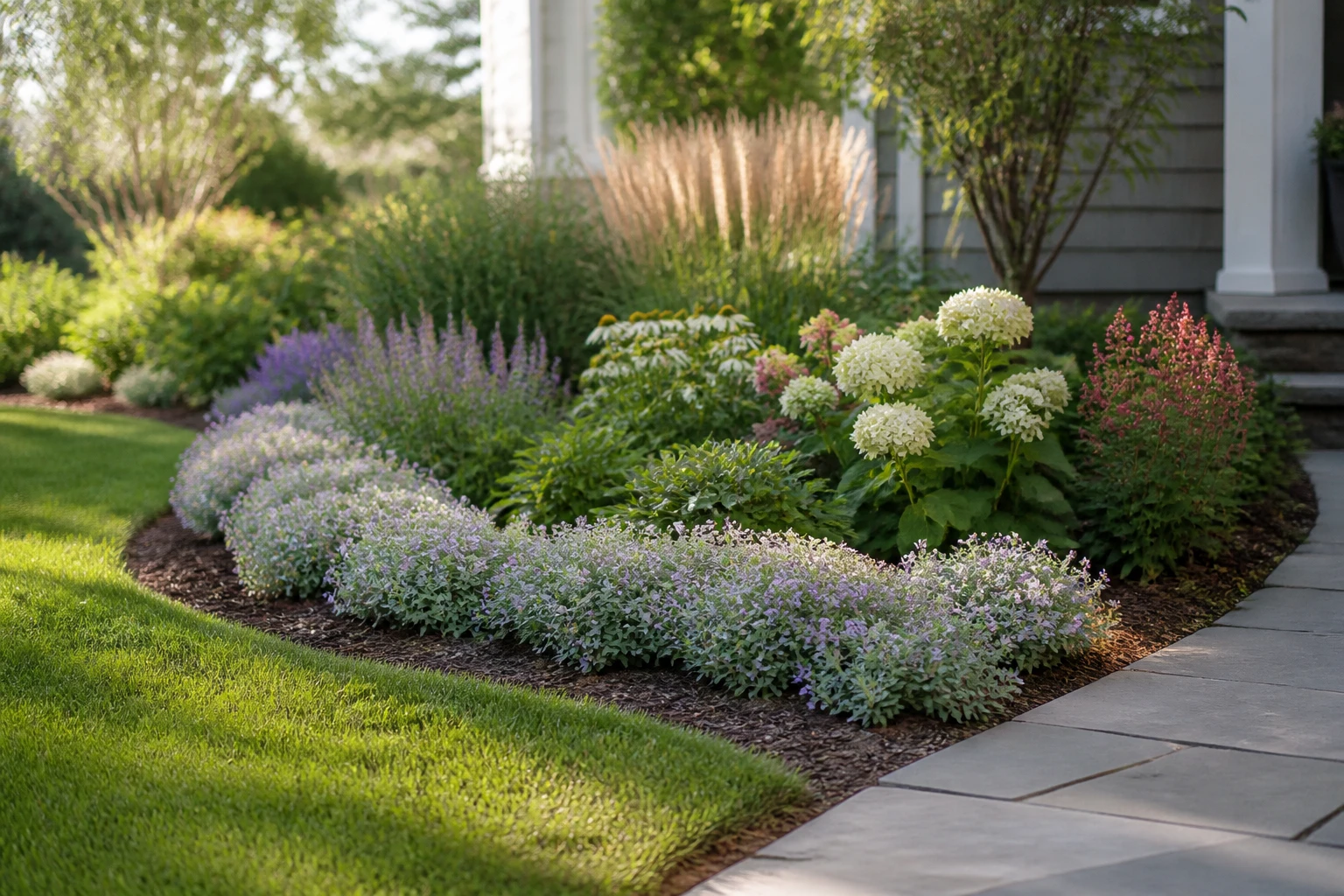 Low planting layer making a clean transition from a garden bed to a lawn and path