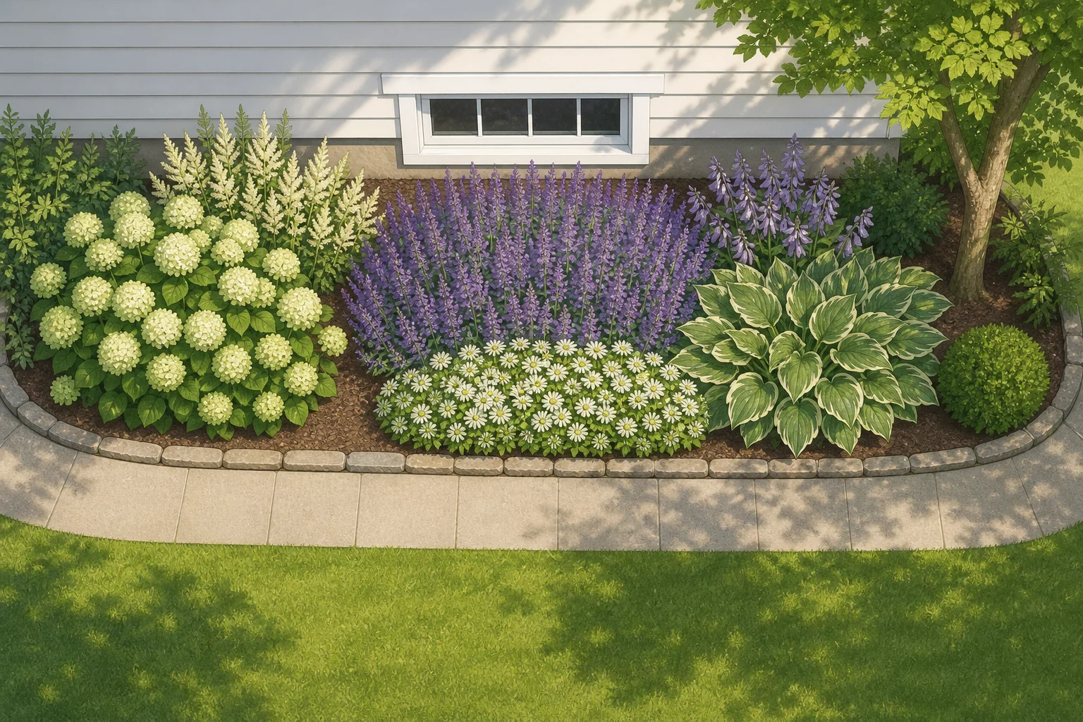 Elevated view of a flower bed organized into broad planting masses with a clear path edge