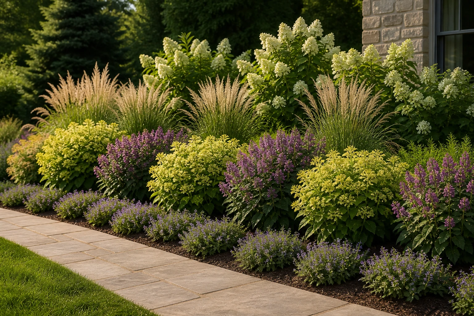 Repeated mid-height planting groups creating a steady rhythm between a taller back layer and a path edge