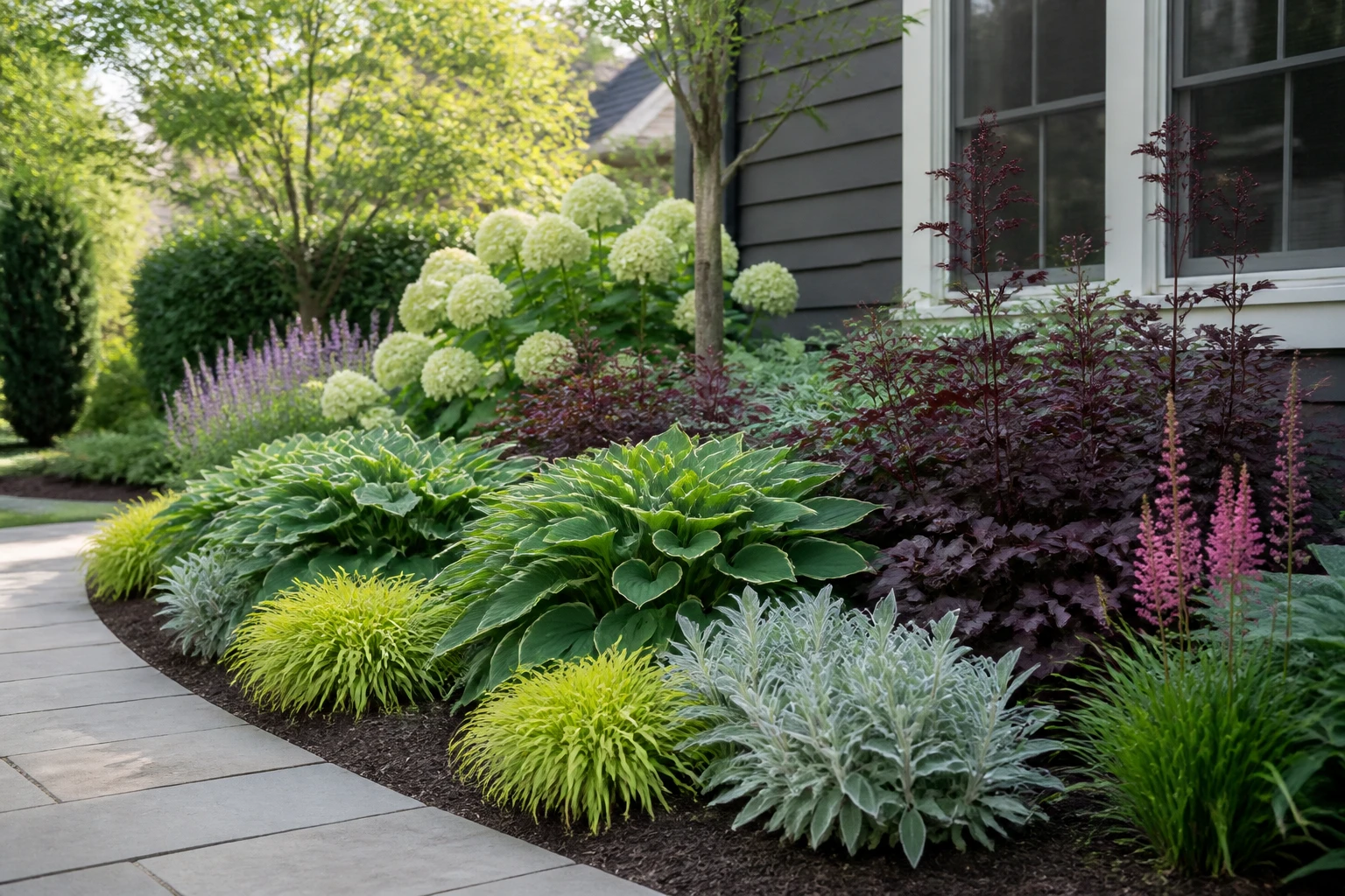 A restrained planting bed using silver, chartreuse, burgundy, and flower accents for seasonal contrast