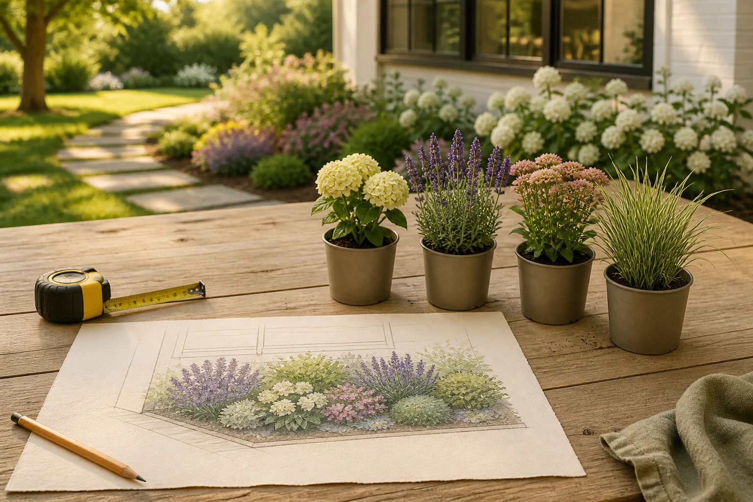Design brief with a simple planting sketch, four nursery plants, a tape measure, and a pencil