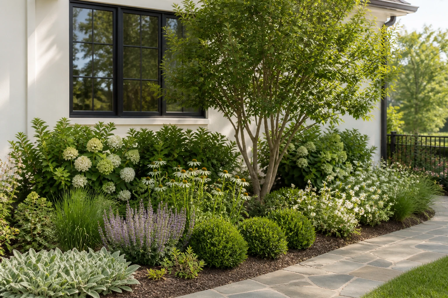 Tall structure plant anchoring a layered bed below a window beside a clear path