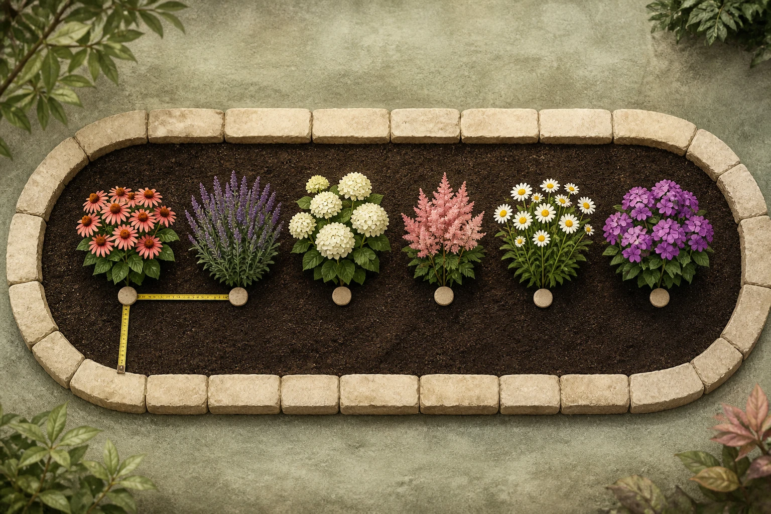 Top-down, stone-edged flower bed with six evenly spaced mature plants, cream center markers, and a measuring tape showing the edge gap and the first center-to-center interval