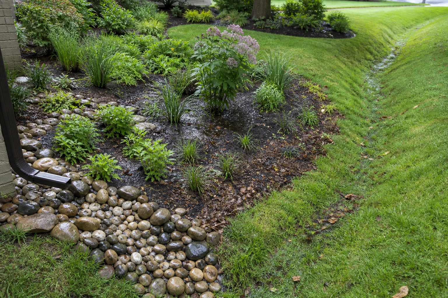 Rain garden after a storm with damp soil, a clear rock inlet, and an open grass overflow route
