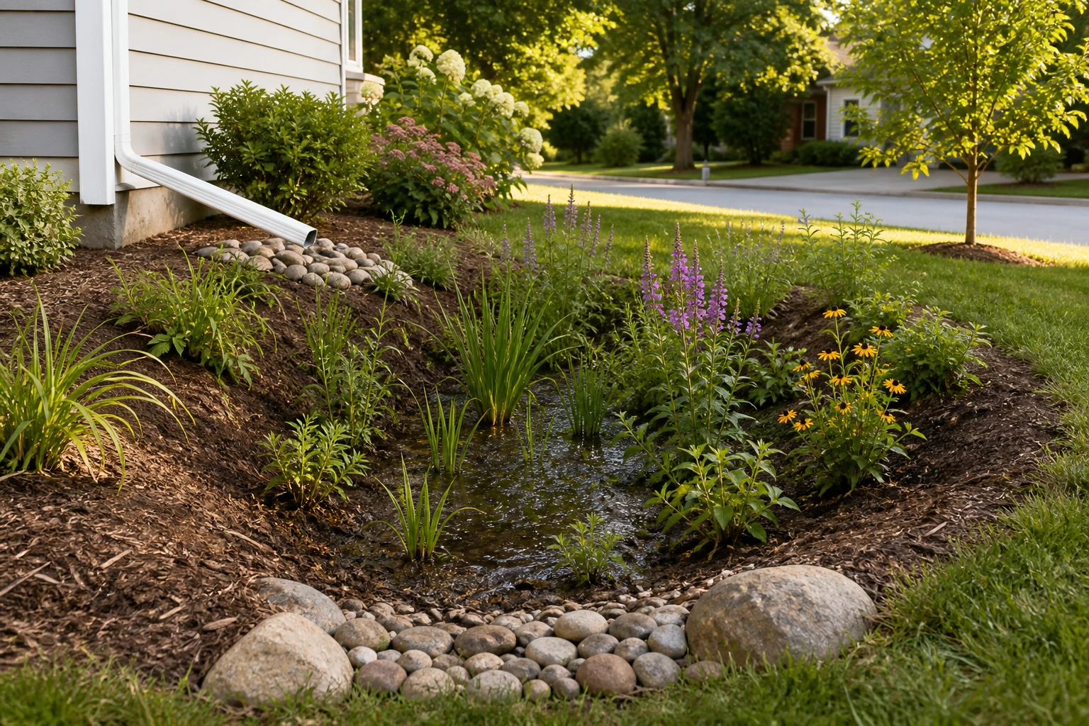 Shallow planted rain-garden basin with a low point, planted sides, and visible inlet and overflow edge