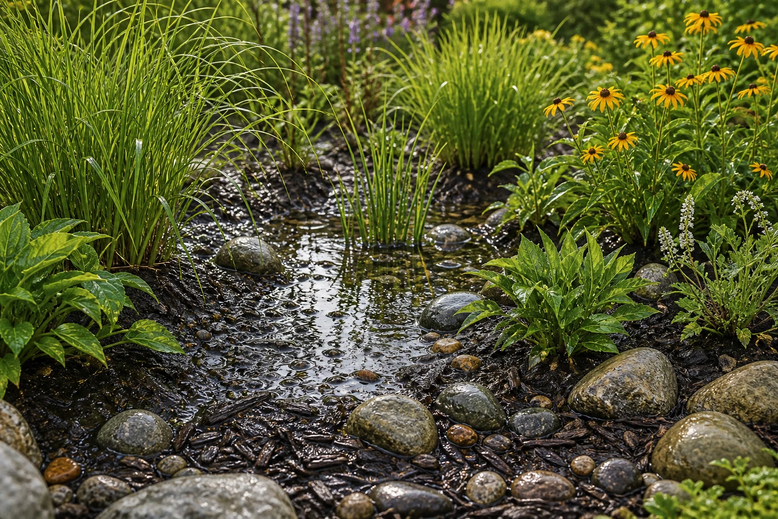 Wet rain-garden basin bottom with water-tolerant grasses and perennials around shallow pooled water