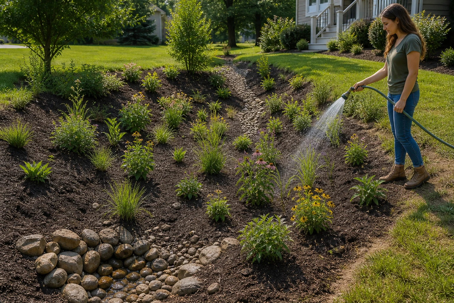 Young rain-garden planting being watered while the rock inlet and open water path remain visible