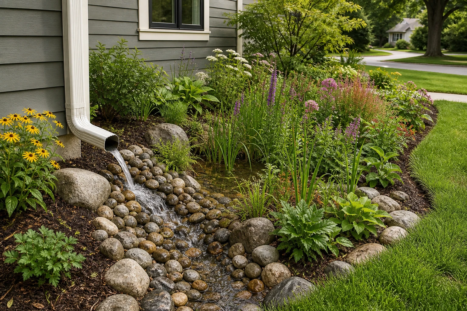 Rock-lined rain-garden inlet slowing water from a downspout before it reaches the basin
