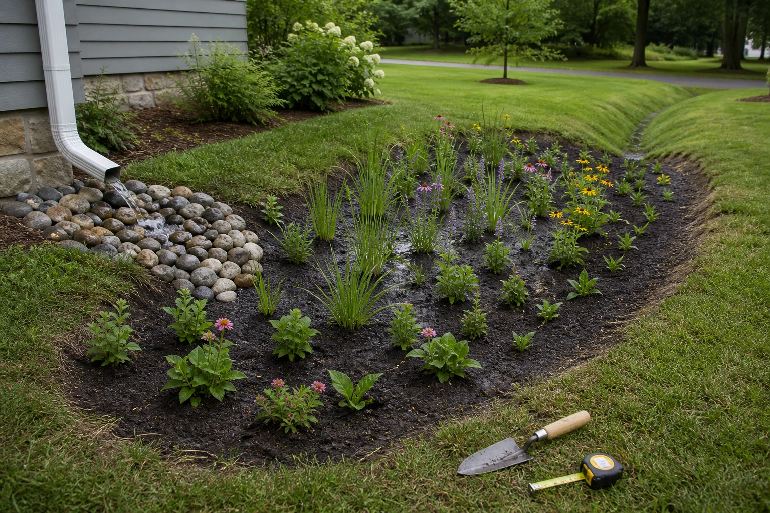 Newly planted rain garden with a rock-lined inlet, shallow basin, open overflow swale, and measuring tools outside the bed