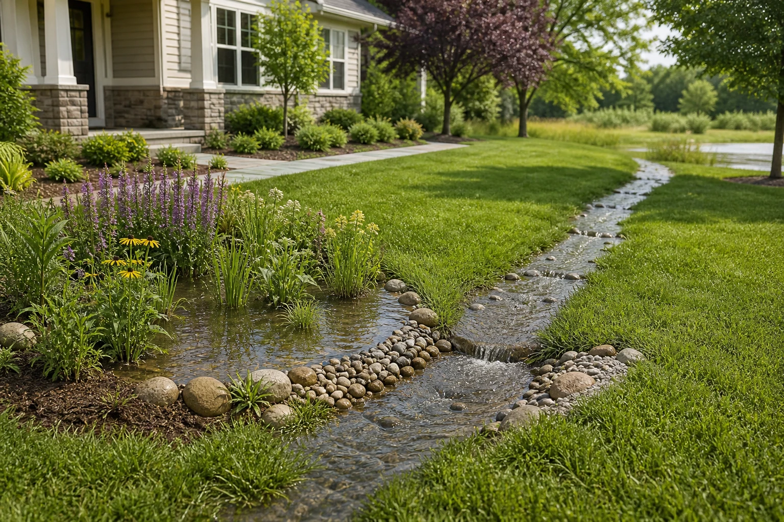 Broad rock-lined overflow route carrying excess rain-garden water away from the house