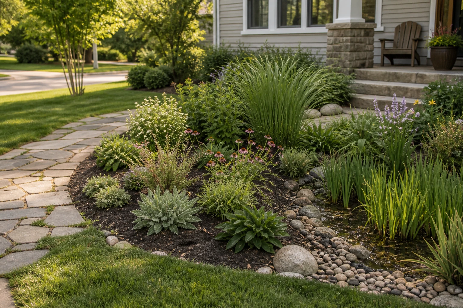 Drier upper rim of a rain garden blending into a path and surrounding yard planting