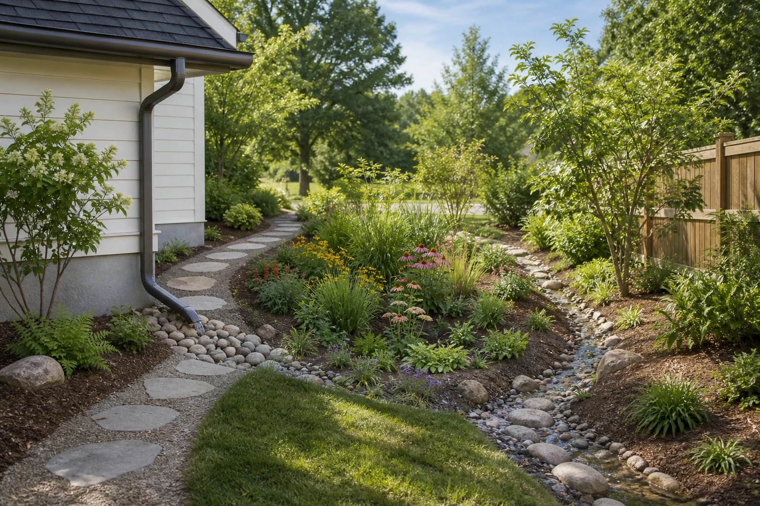 Coherent residential rain-garden scene showing a separated foundation, downspout inlet, shallow planted basin, and visible overflow route
