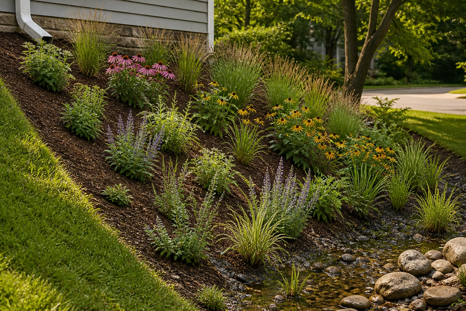 Gently sloped rain-garden planting with repeated rooted grasses and perennials